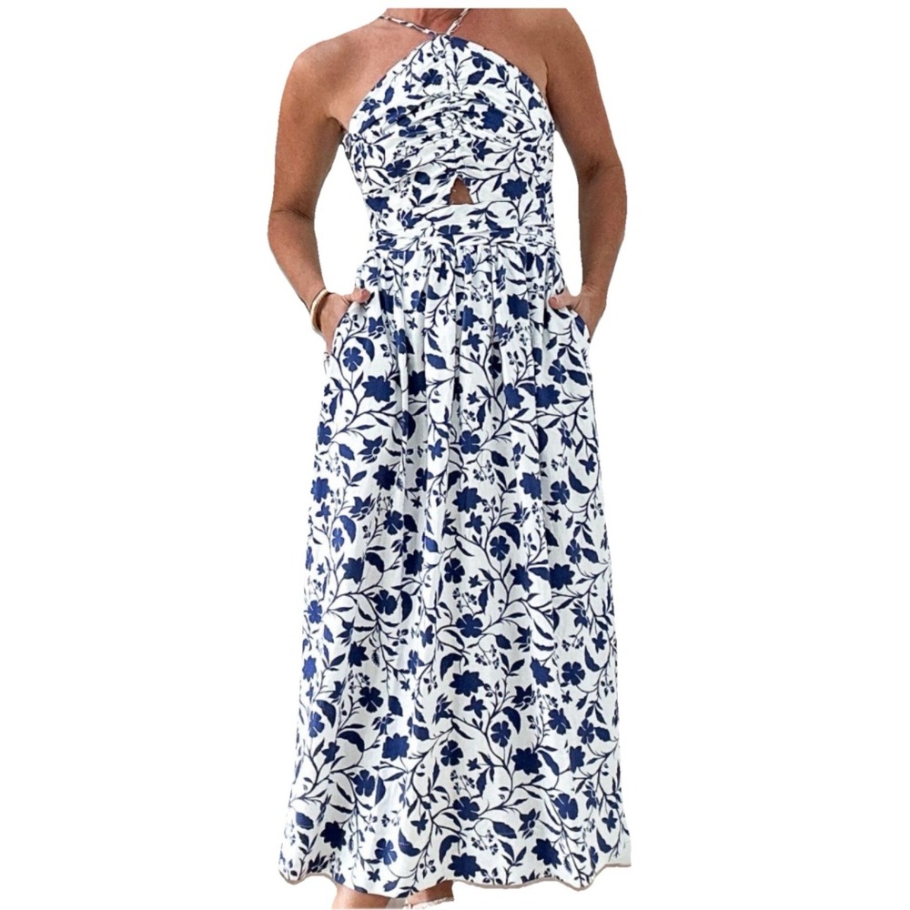 Free Assembly Women Cottage Ruched‎ Midi Halter Neck Dress L Blue Floral Coastal